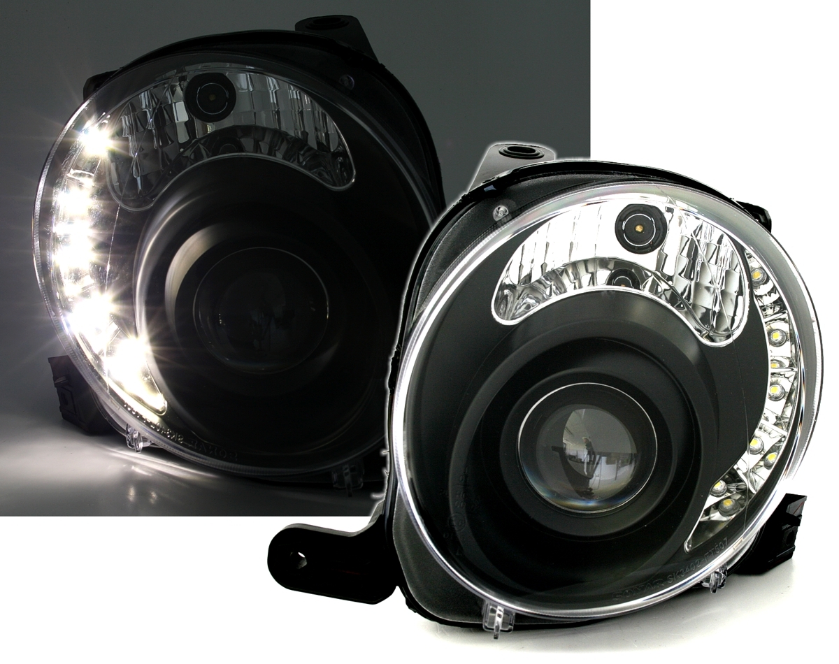 schwarz Fiat 500 07-1017695 2 x Scheinwerfer LED Angel Eyes black